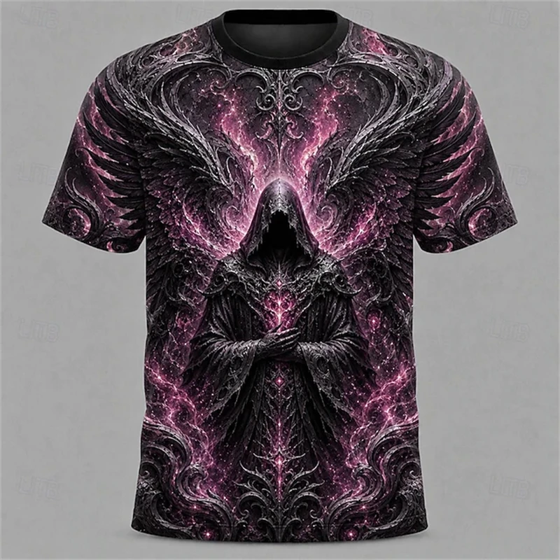New Men's Halloween Crew-Neck Short-Sleeve T-Shirt Grim Reaper Scythe and Skeleton Print Crew-Neck Short-Sleeve Men's Top