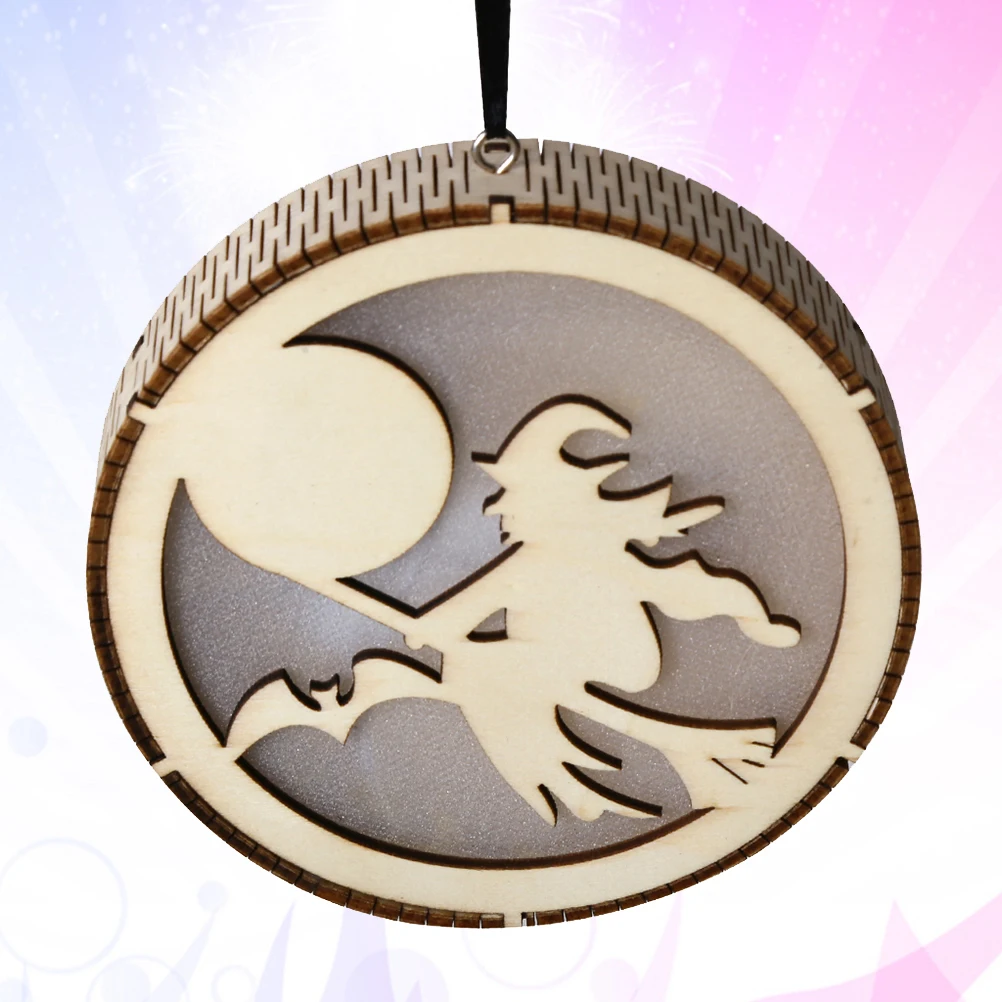 

Round Hollow Wooden Led Halloween Decoration Light Hanging Witch Lamp For Party Home Festival Decor (No )