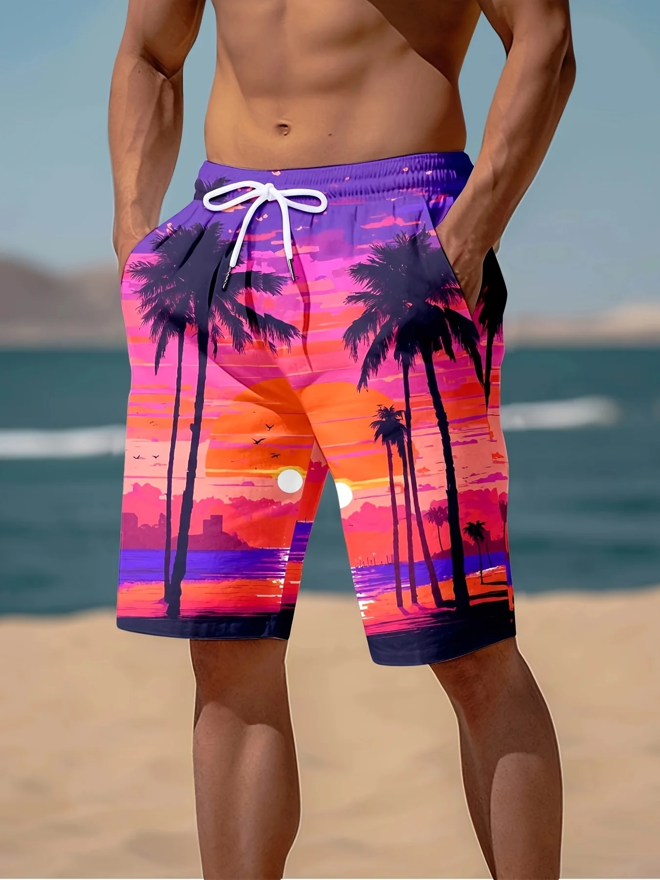 Pantalones cortos con temática de playa de Estilo Hawaiano para hombre, estampado de patrón de puesta de sol 3D, pantalones cortos casuales para