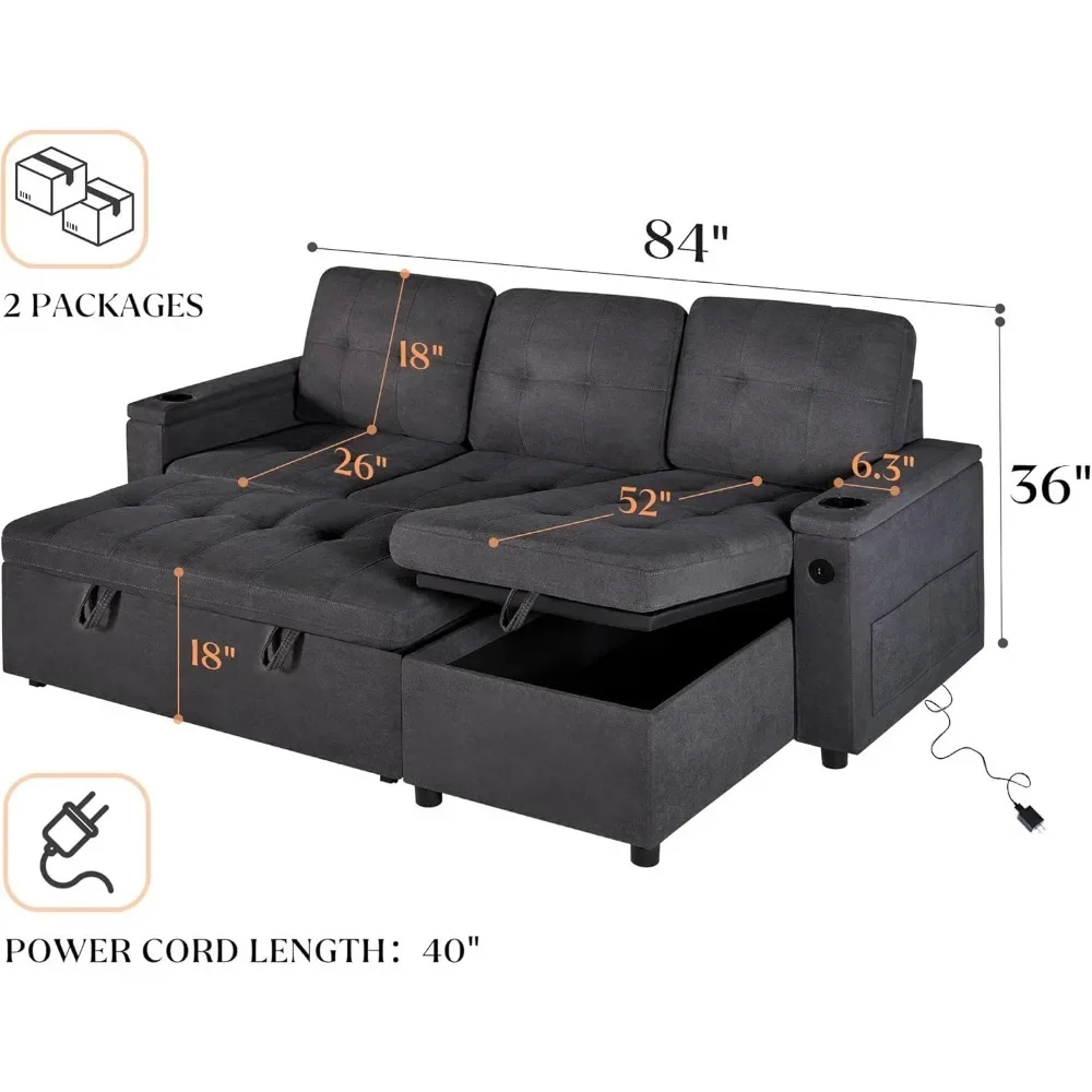 L-Shaped Sofa Bed with USB Charging Ports & Storage, Pull Out Couch for Living Room, Linen Sleeper Sofa Couch