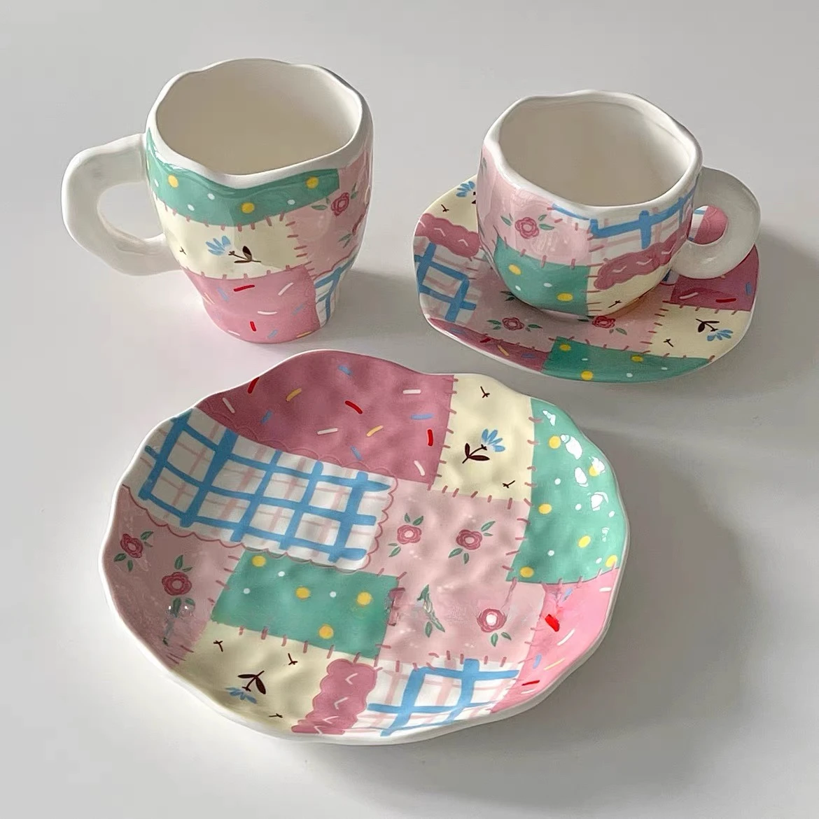 

Exported to Korea Cute Color Patchwork Irregular Ceramic Tableware Set Mug Coffee Cup Saucer Meal Bowl Plate