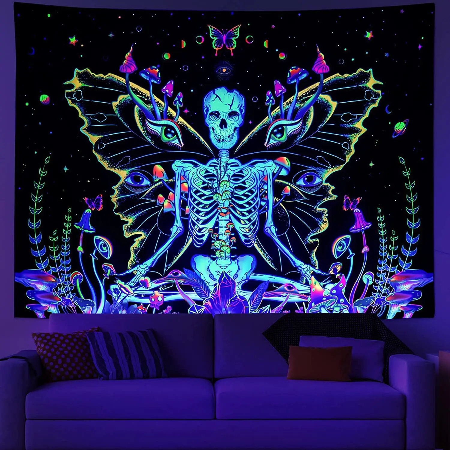 Purple UV Light Effect Skull Bride Wedding Fluorescent Tapestry Psychedelic Hippie Skeleton Wall Hanging Cloth Carpet Room Decor