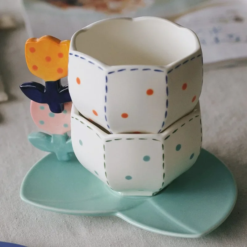 Kawaii Tea Cup & Saucer Set,Cute Floral Porcelain Coffee Mug for Afternoon Tea,Pretty Girly Drinkware Gift for Best Friend Women