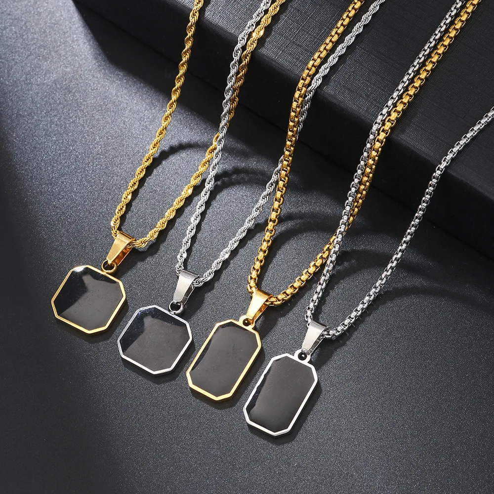 

Stylish Men's Black Enamel Necklaces, Stainless Steel Square Pendant Necklace,Minimalist Male Collar Jewelry Gift