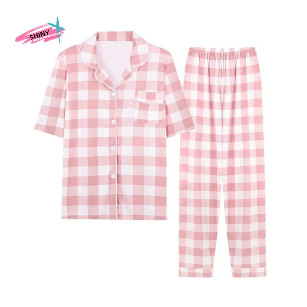 

Sweet Short Sleeve Grid Pajama Suit V Neck Women Sleepwear Tops Pants Nightwear Slim Fit Two Pieces Pajama Sets Summer