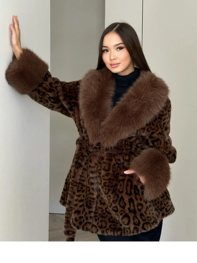 Fashion Lapel Leopard Print Faux Fur Jacket Women Luxury Full Sleeve Loose With Belt Warm Jackets Lady Winter Daily Street Coat