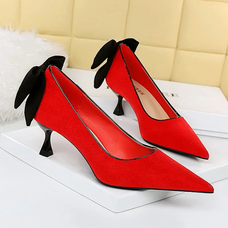 Women 5.5cm 8cm 9.5cm High Heels Pumps Lady Cute Middle Low Heels Wedding Bridal Butterfly-Knot Bow Prom Suede Evening Red Shoes