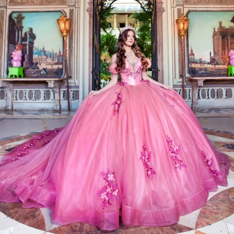 Pink Glitter Quinceanera Dresses Off Shoulder Ball Gown Sweet 16 Dress Applique Flower Beads Bow Tull Party Birthday Vestidos 15