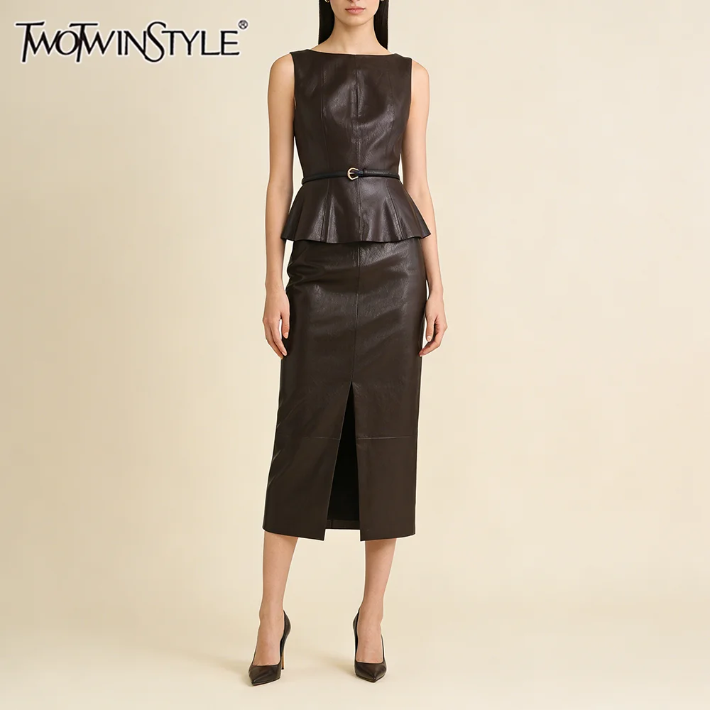 TWOTWINSTYLE Leather Two Piece Set for Women Peplum Tank Top with Sashes High Waist Slit Mid Skirt Suit for Business Meetings