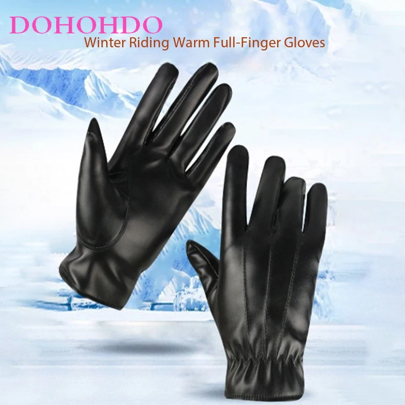 قفازات شتوية للرجال من الجلد باللون الأسود ومبطنة مخملية دافئة ومقاومة للاهتراء للرياضات الخارجية مقاومة للماء والرياح Guantes Moto