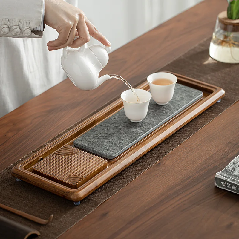 Black gold stone tea tray, simple household large and small drainage and water storage dual-use dry bubble tray tea set