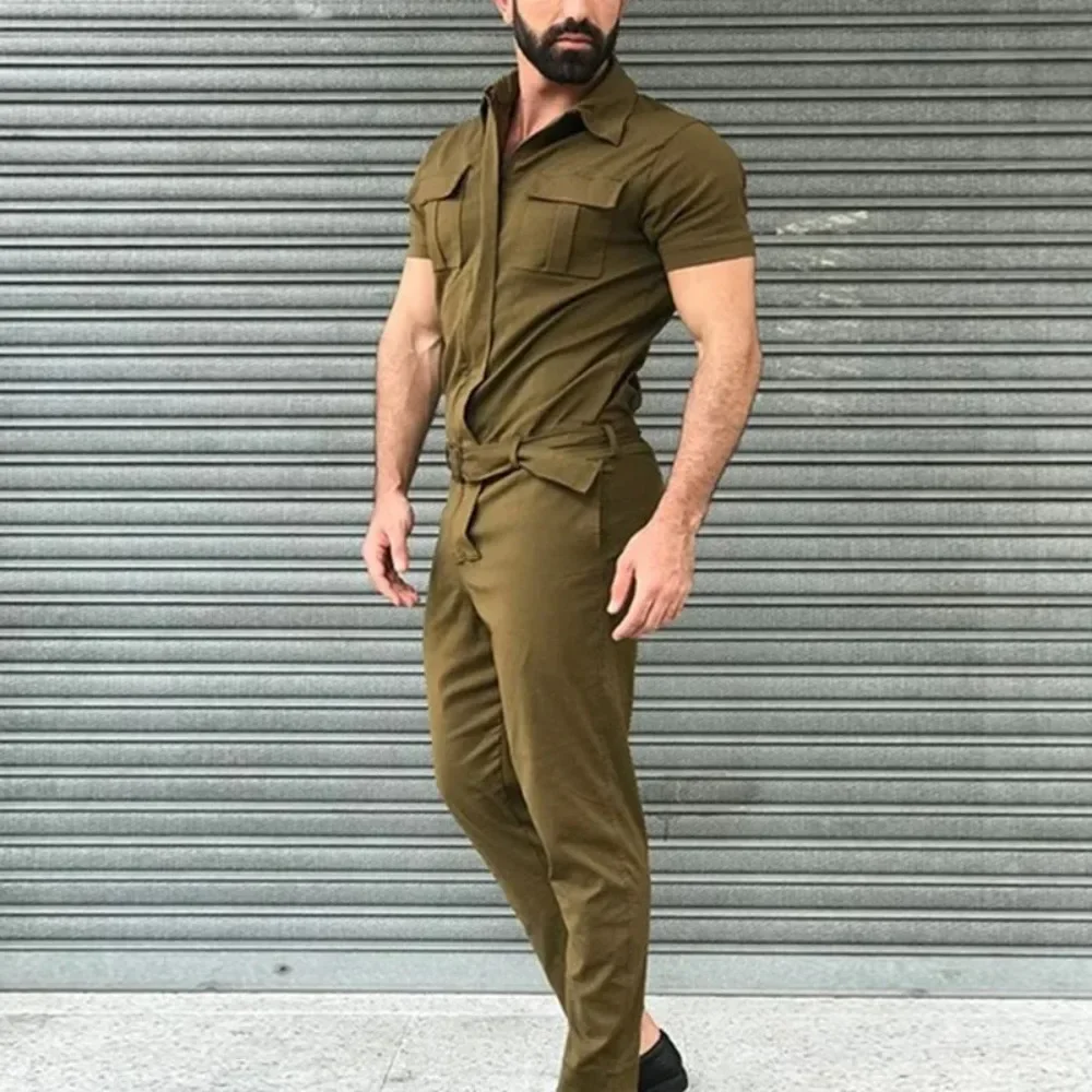 

Men's Zipper Overalls Jumpsuit Casual Streetwear Solid Color Lapel Short Sleeve Shirt and Pants Work Clothing M-3XL 2024 New