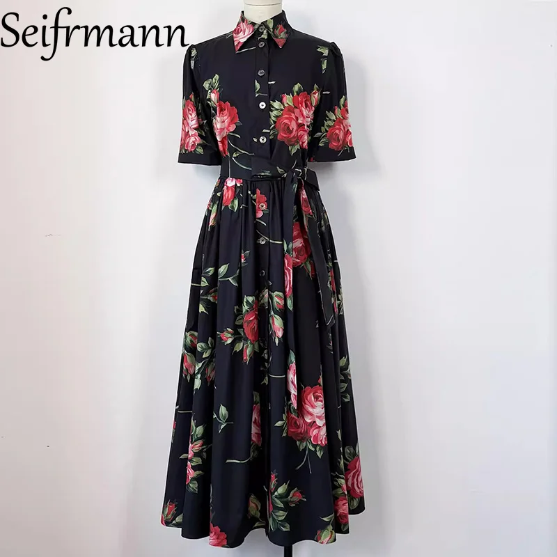 Seifrmann 2026 Frühling Neues Modisches Revers-Kurzarmkleid mit Einreiher, Bedruckt, aus Baumwolle, Tailliert, Langes Kleid