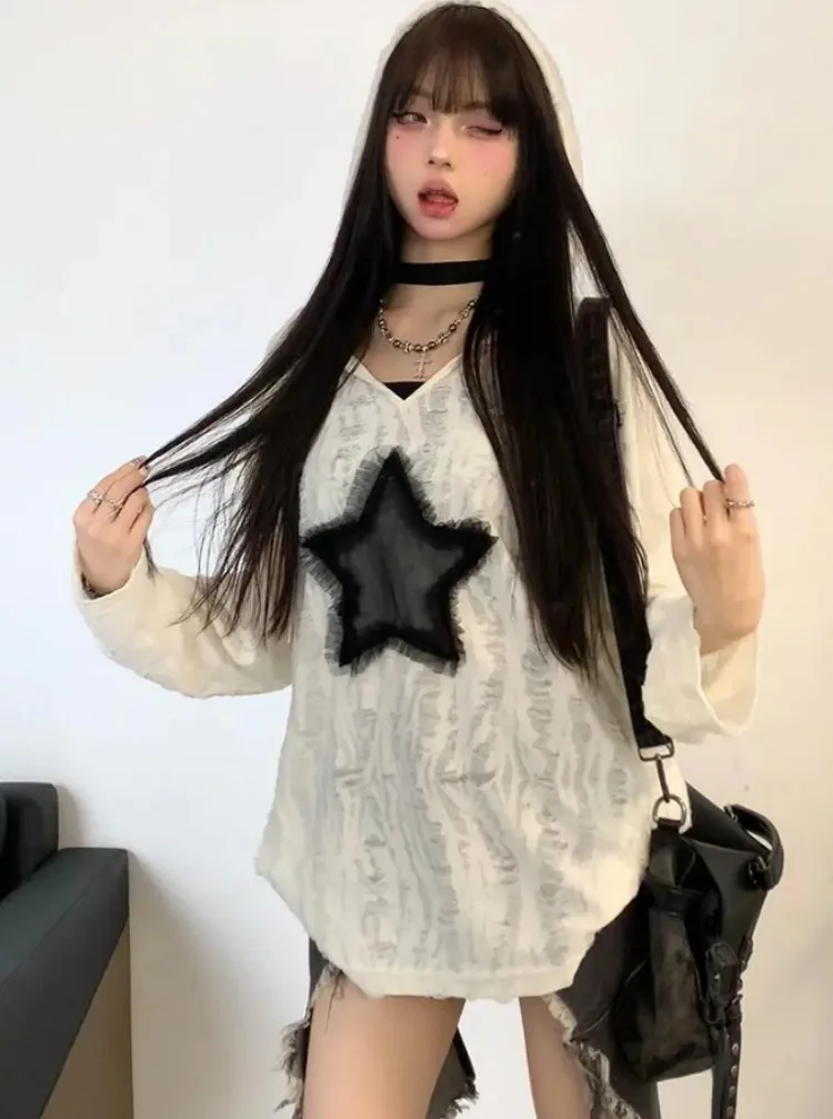 Felpe con cappuccio strappate Grunge donna Mesh Star Patchwork Y2k estetica allentata Kpop Fairycore felpa Harajuku Streetwear top con cappuccio