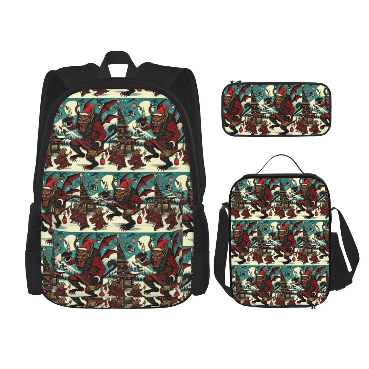 Japanese Woodcut Krampus Backpacks Children Bookbag School Bags Rucksack Lunch Bag Pen Bag Three-Piece Set
