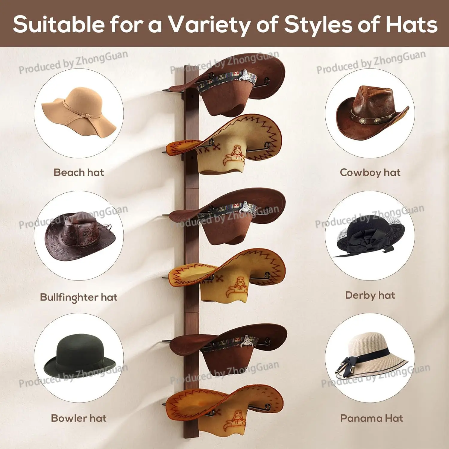 Wooden Cowboy Hat Wall Rack - Vintage Wall-mounted Home Decor, Multi-tiered Hat & Baseball Cap Display