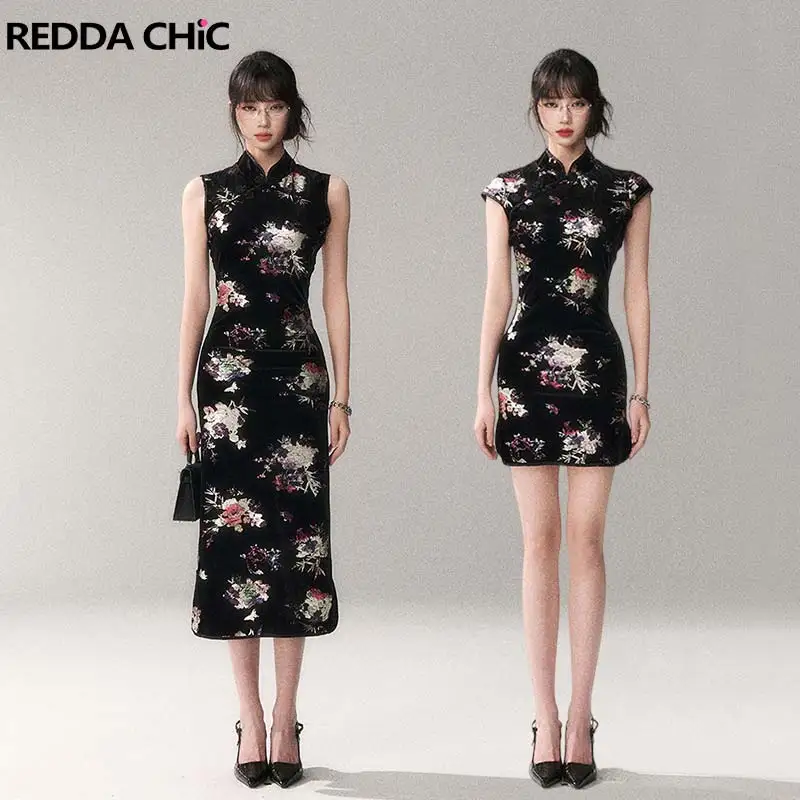 REDDACHiC Floral Glitter Velvet Chinese Cheongsam Women Hot Black Stretchy Sleeveless Stand Collar Qipao Dress Vintage Clothes