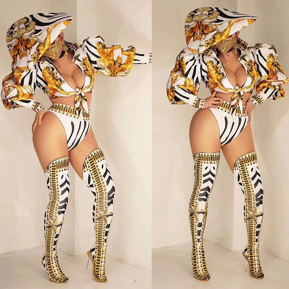 Haut et short sexy à manches bouffantes pour femmes avec bas de chapeau, vêtements de danse moderne, olympiques de scène, vêtements de défilé de mode, 4 pièces