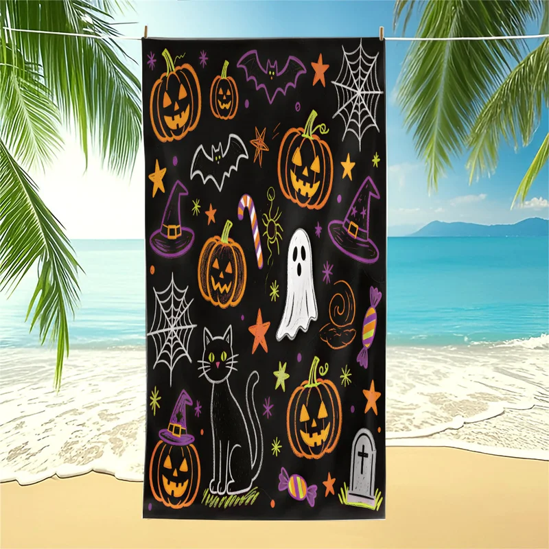 Cute Halloween Beach Towel Cartoon Ghost Black Cat Pumpkin Tombstone Print Swimming Towel Portable Bath Towel Decor Holiday Gift