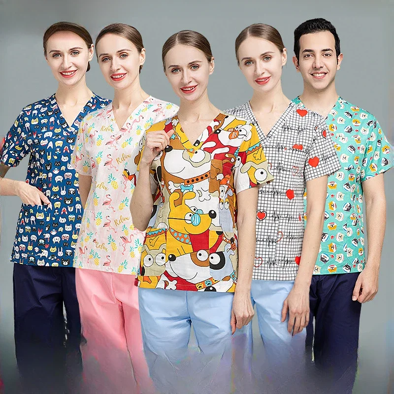 

Multicolor Printed Surgical Gown Short Sleeve Tops T-Shirt Doctor Brush Hand Suit Summer Thin Cotton Surgical Room Work Uniform