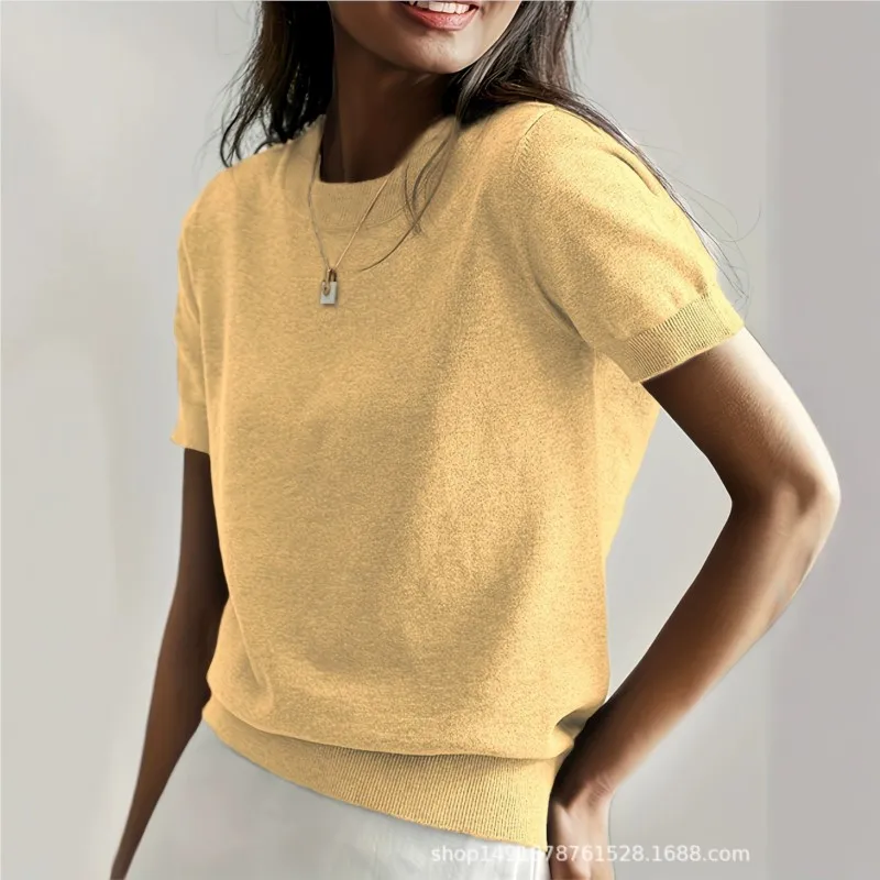Damen Strick-T-Shirt mit Rundhalsausschnitt, Kurzarm, Einfarbig, Pullover-Oberteil, Strickware, Dünnes Design, Neu für den Alltag, Camping, Vielseitig, 2026 Neu