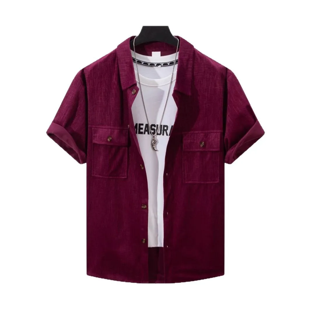 2025 summer men's new urban solid color short-sleeved shirt corduroy lapel button design simple trend casual jacquard cardigan