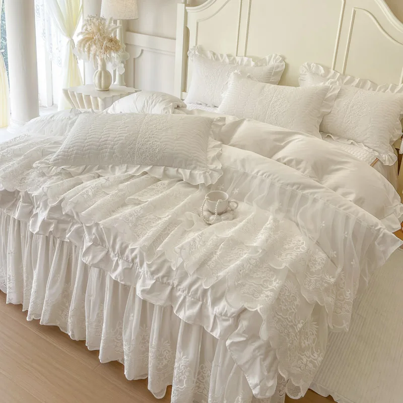 

4/6Pcs Princess Wedding Bedding Set 600TC Egyptian Cotton Double Layer Lace Ruffles Duvet Cover Bed Skirt Bedspread Pillowcases