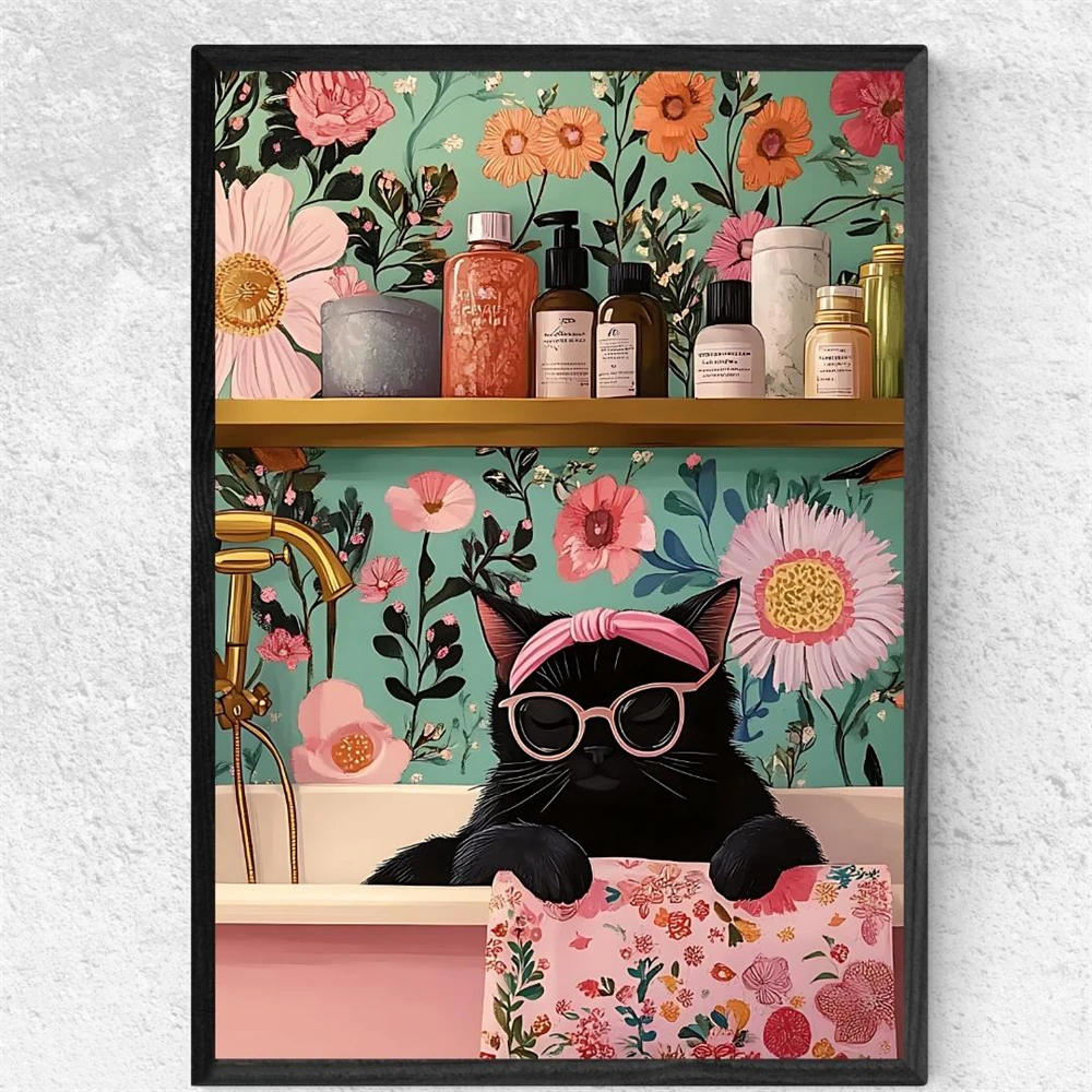 Funny Black Cat Spa Poster Relaxing Bath Cat Wall Art Prints Self Care Bathroom Canvas Painting Retro Floral Print Decor