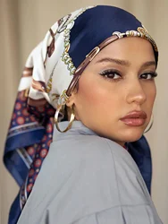 Fashion Square Silk Scarf Women Printed Chain Satin Neckerchief Mulim Hijab Luxury Shawl Hairband Bandana Foulard 90*90cm