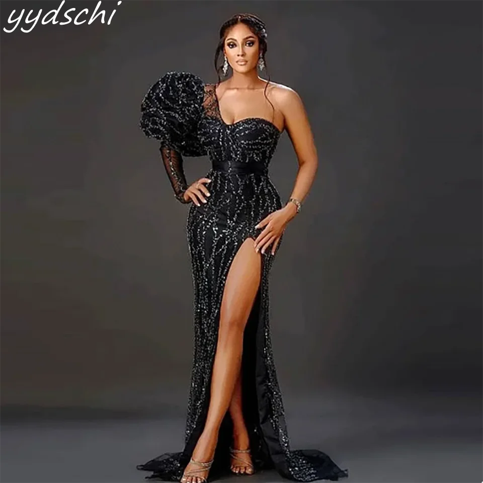 Customized Elegant Black Sparkly High Slit One Shoulder Mermaid Formal Evening Wedding Dresses 2024 Blackless Tulle Bridal Gowns