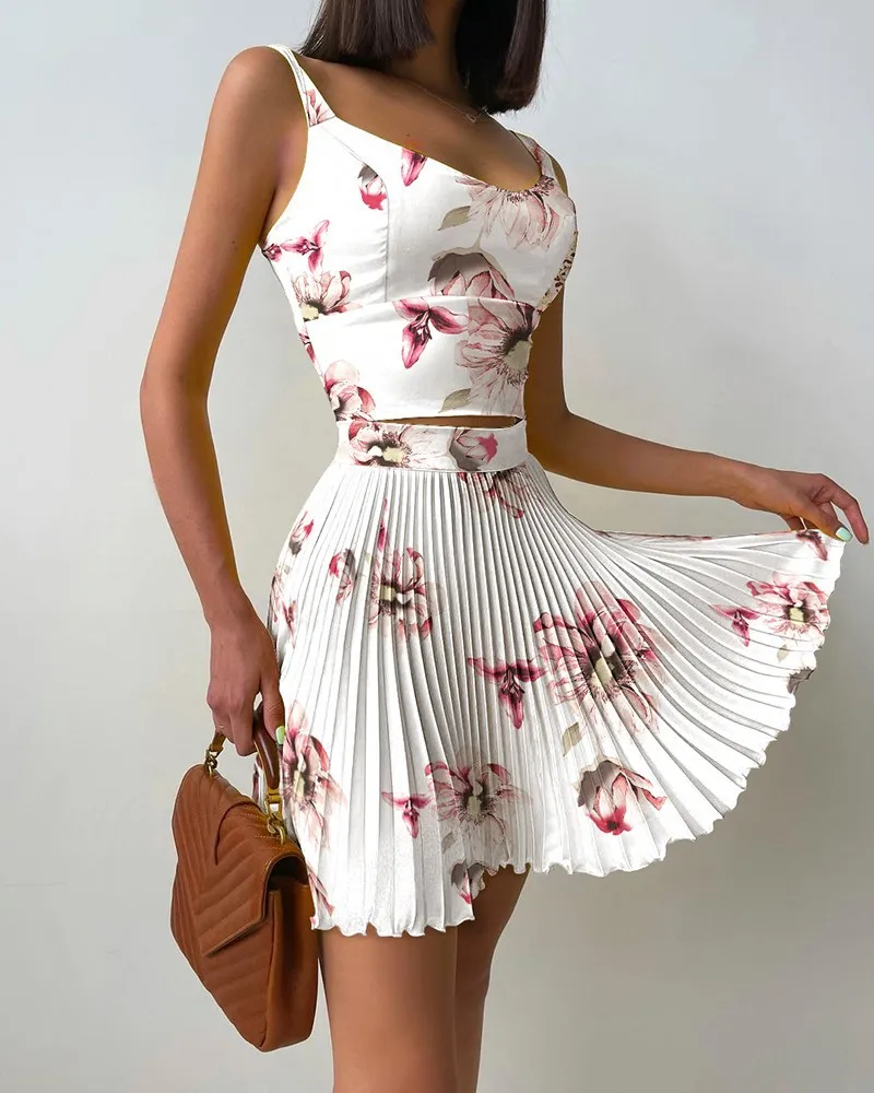 Short Skirt Sets Two Piece Set For Women 2 Piece Sets Floral Print Camisole Pleated Skirt White Outfit For Sexy Club Party