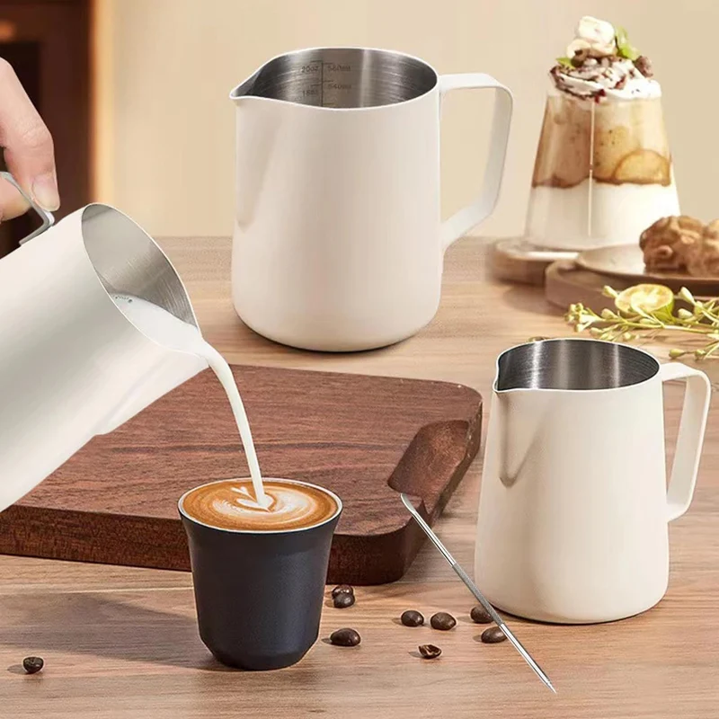 Milk Jug Stainless Steel Measurement and Latte Decorating Art Pen for Barista Making Coffee Cappuccino White