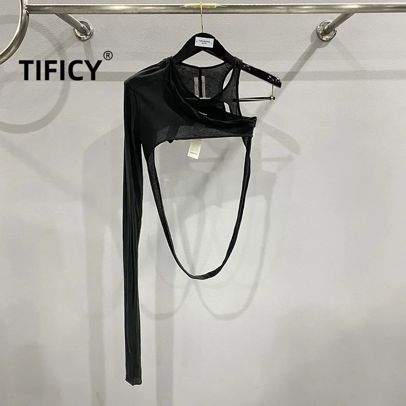 

TIFICY Cotton High Street Women's New Dark Style Personalized One Shoulder Surrounding Multi Wear Method Knitted Sexy Crop Top