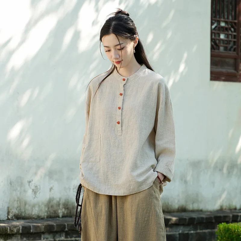 

Temperament Casual Cotton and Linen Shirt Women's Loose Stand-up Collar Top Simple Lazy Style Shirt Spring and Autumn New Style