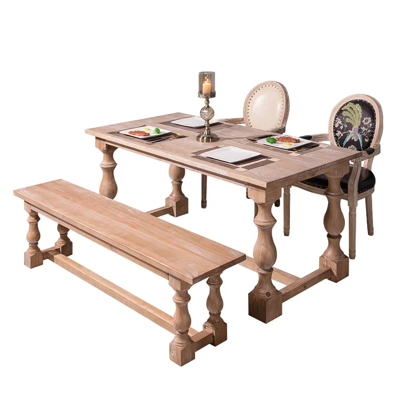 European round solid wood dining table American country retro old log simple pine rectangular table and chairs combination