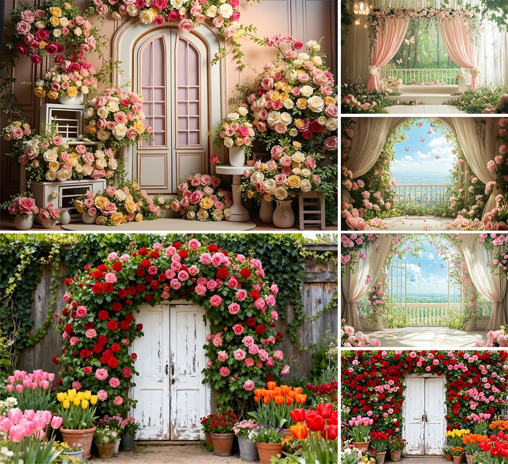 

Фон для фотосъемки: Весенний пейзаж, арка, цветы, деревянная дверь, бабочки, окно. Декор для детского дня рождения, портретов. Фотостудия.