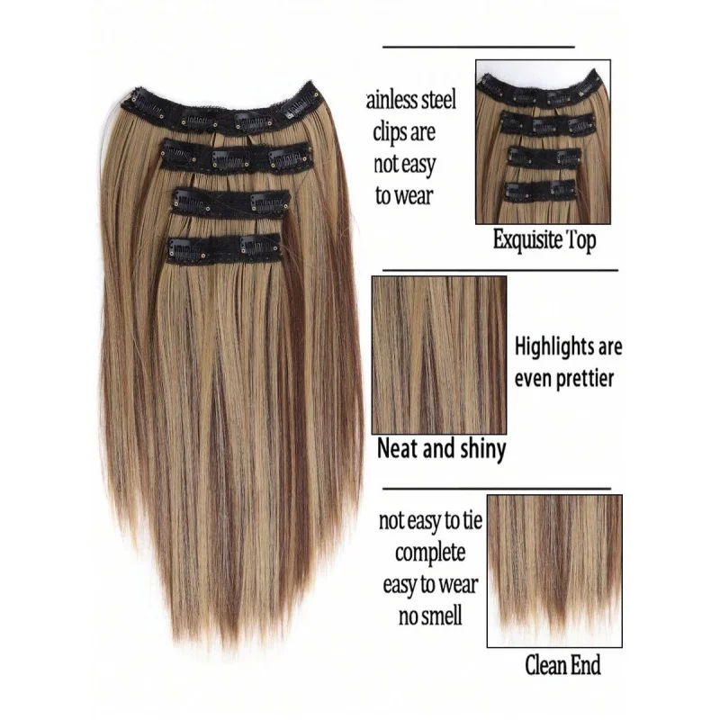 4Pcs Short Straight Synthetic Clip-In Hair Extensions – Soft, Invisible, Brownish-Golden To Black, For Women