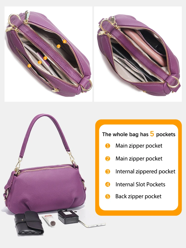 Zency Women\'s Genuine Leather Bag Simple High Quality Small Simple Pillow Handbag Female Shoulder Crossbody Ladies Leather Bag