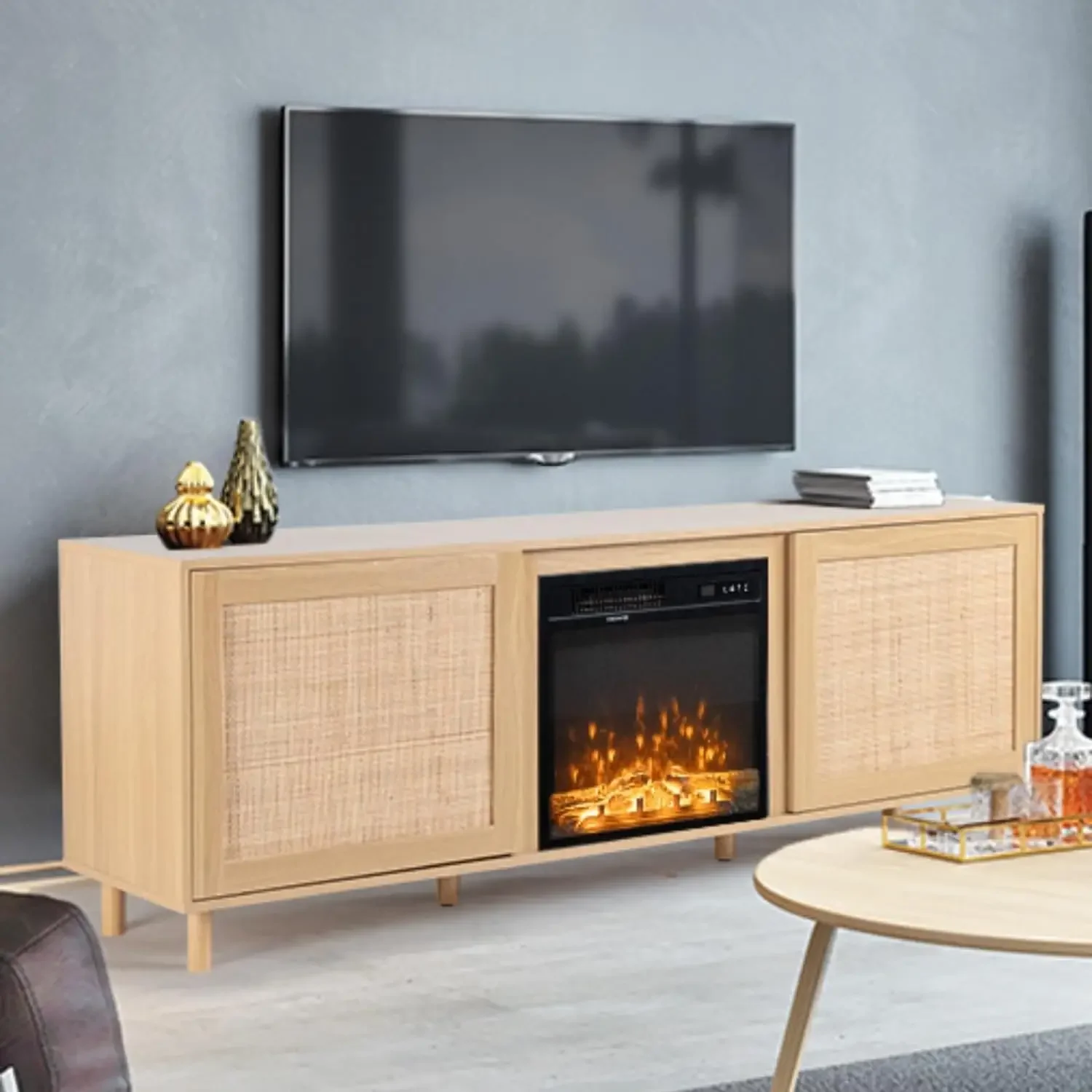 Rattan TV Stand for TVs Up to 75 inch, Boho Modern Entertainment Center with Rattan Cabinet Doors for Living Room