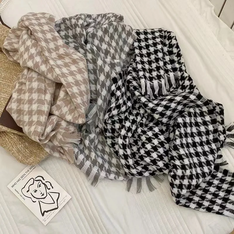 Korean Fashion Versatile Black White Plaid Scarf for Women Classic Winter Thick Warm Soft Cashmere Feel Scarves Windproof Shawl