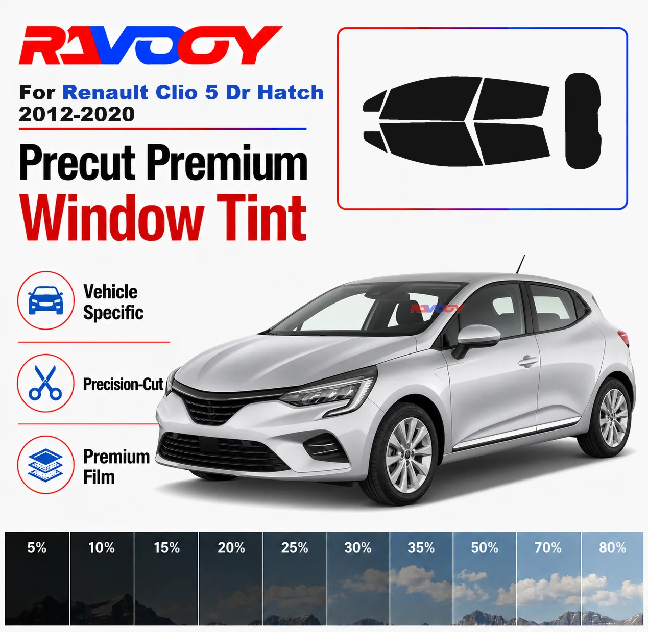

Premium Precut Window Tint Kit Front Windows Rear Windows Rear Windshield For Renault Clio 5Dr Hatch 2012-2020 Nano Ceramic Film