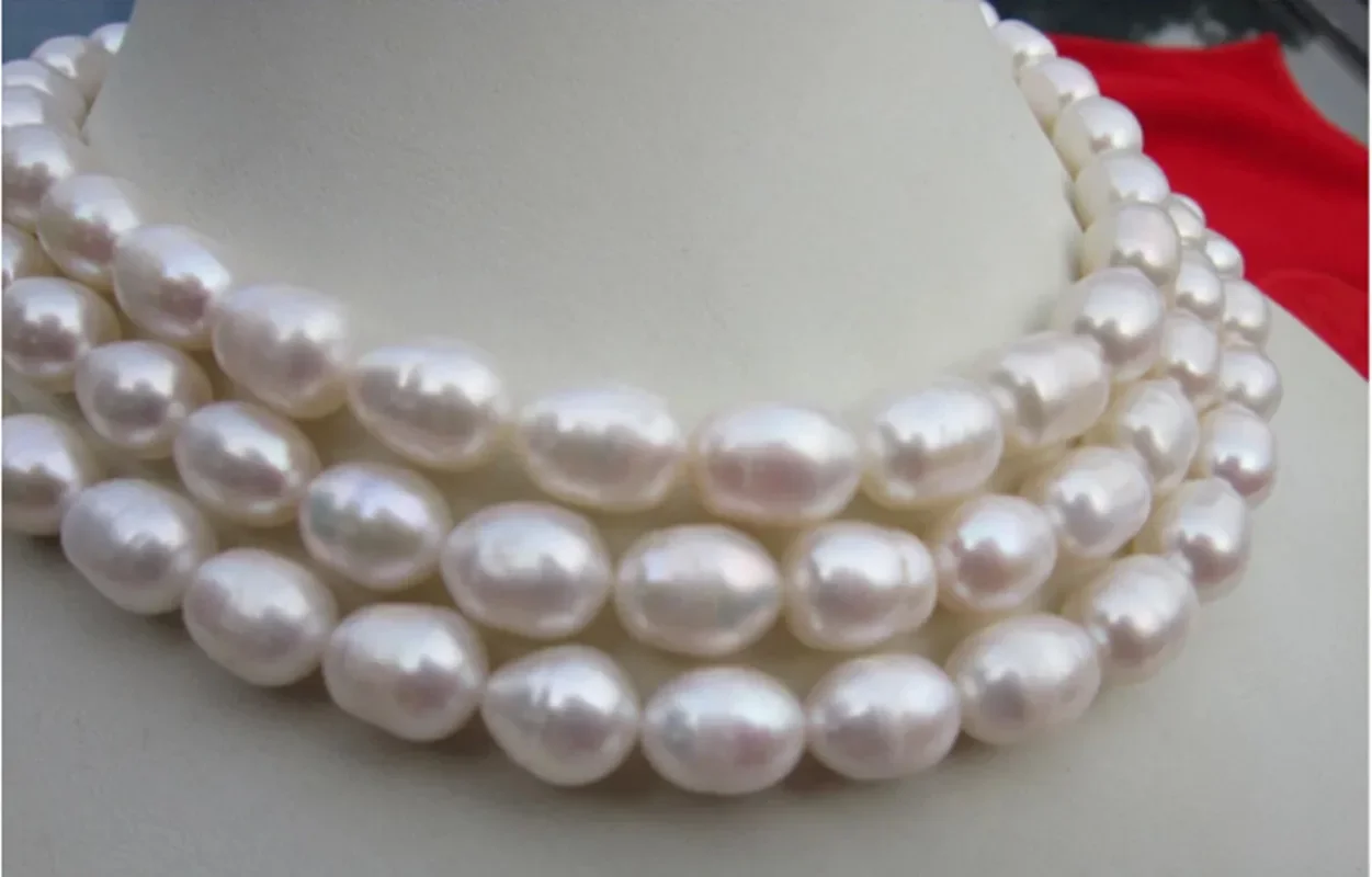 Hand knotted necklace natural 9-10mm white freshwater rice pearl sweater chain nearly oval pearl 50inch