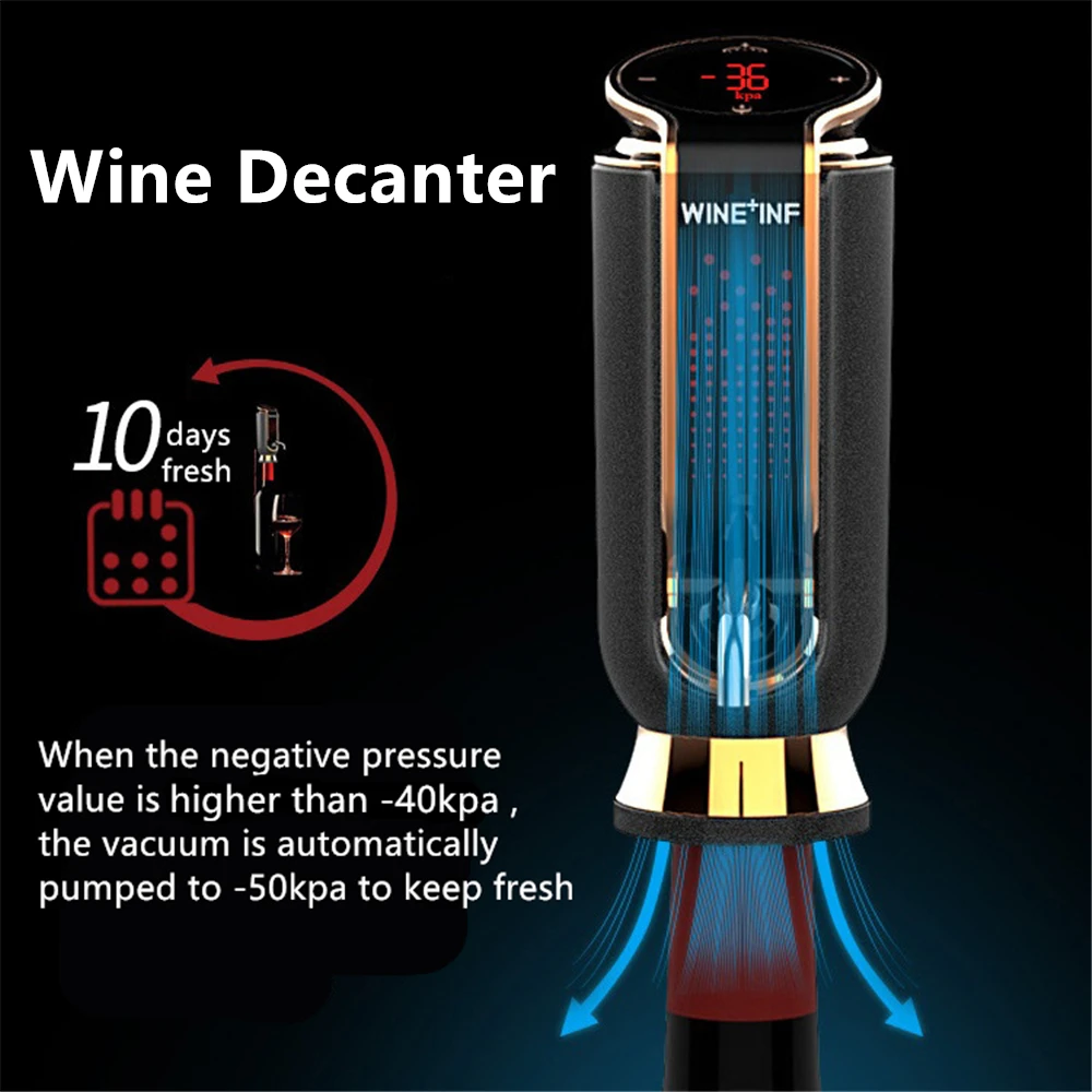 Imagem -03 - Usb Carregamento Elétrico Vinho Tinto Decanter Auto Quick Wine Aerator Fresh-keeping Vácuo Dispensador de Uísque Sidra Wine Pourer 10-days