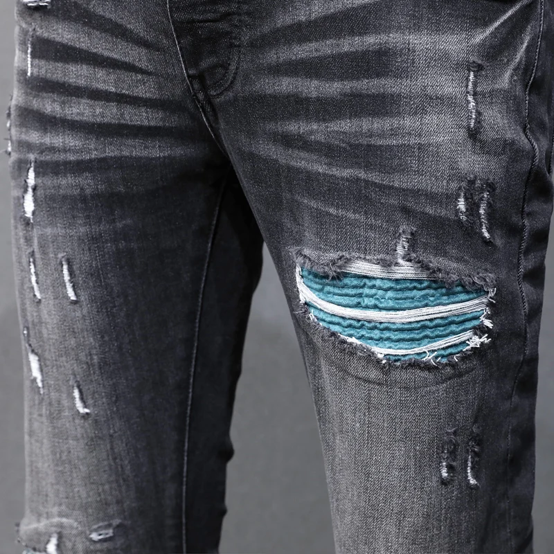 High street fashion jeans stretch slim fit washed jeans green patch hip-hop brand designer black pants hombre