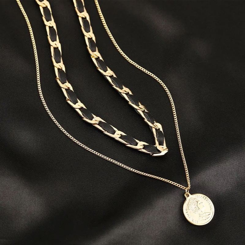 

A brand-new black woven women's necklace made of titanium and steel, with double-layer pendant, collarbone chain and neck chain