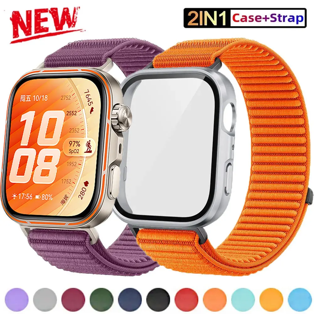 Funda de vidrio templado + correa deportiva para Huawei Fit4 fit4pro/5pro, banda de nailon para Huawei Fit3 Fit4/5, funda de PC, accesorios para reloj inteligente