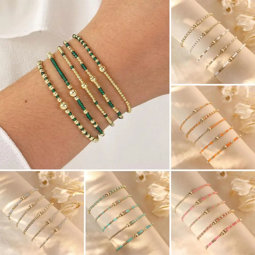 5Pcs Stackable Beaded Bracelets for Women Teenage Girls Tiny Beads Bracelets Elastic Stretch Boho Jewelry Accessories