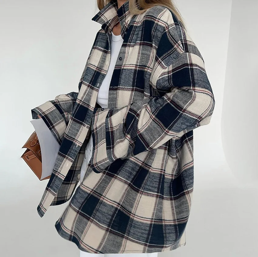 Autumn New Cotton Plaid Long sleeved Shirt Loose Casual Fashion Lazy Style Large Plaid Shirt Commuter Coat 2024