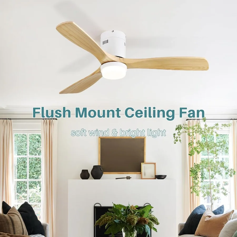 Ceiling Fan with Lights52 Inch Flush Mount Ceiling Fan with Light and Remote Control Low Profile Wood Blades Modern Outdoor Cei