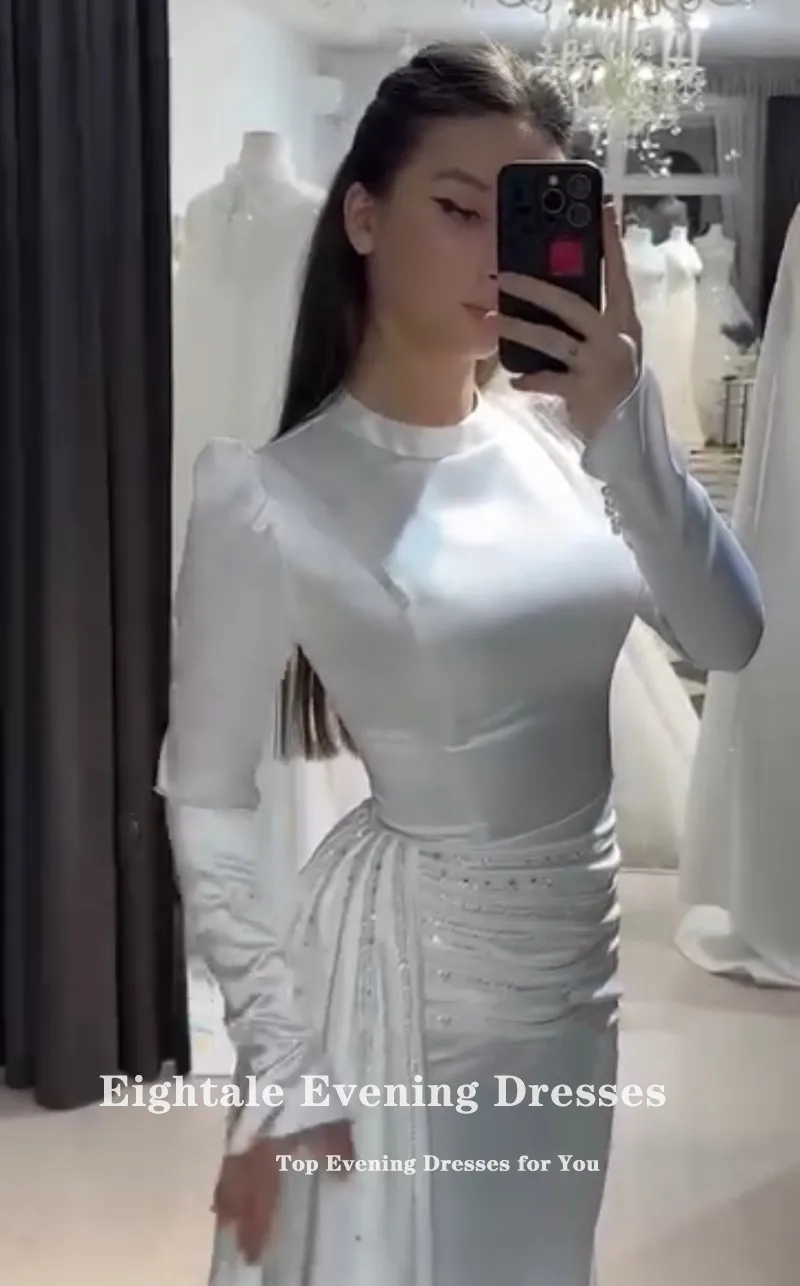 Eightale Arabic Wedding Dress Customized High Neck Beaded Pleats Long Sleeves Mermaid Satin Muslim Bridal Gown Robe De Mariée